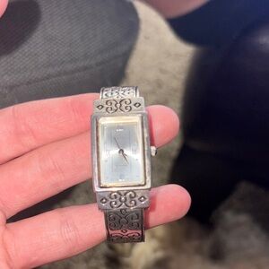 Silver Rectangular Watch with Intricate Band